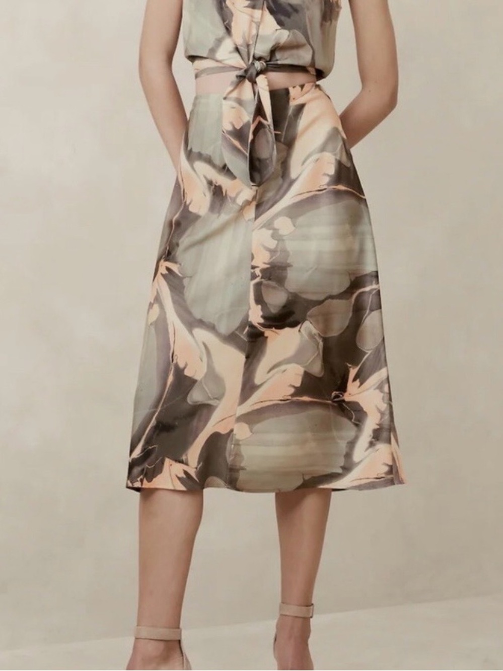 Banana Republic Marble-Print Satin Midi Skirt in Peach & Green